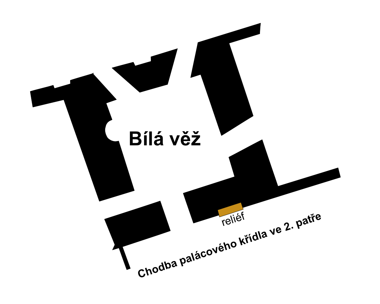 Půdorys Bílé věže v úrovni dnešního 2. patra. Umístění reléfu je navrženo podle jeho obdoby na Juditině věži, tedy 2,5 m od jihozápadního rohu věže se šířkou výklenku 1,6 m. Vypracoval J. Cinert. Bila_vez_pudorys