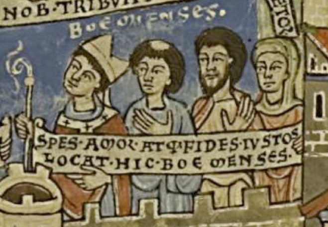 Výřez z titulní iluminace spisu De civitate Dei, před rokem 1150, uložen v Kapitulní knihovně Praha. De_civitate_dei_c._svetci