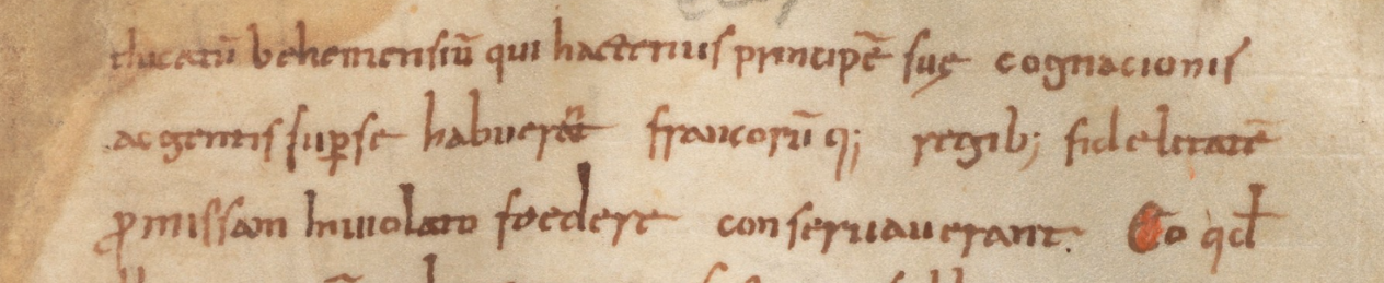 Snímek z Reginonovy kroniky – pokračování s větou: AD incarnationis DCCCXC. Arnulfus rex concessit Zuendibolch Marahensium Sclavorum regi ducatum Behemensium, qui hactenus principem suae cognationis ac gentis super se habuerant Francorumque regibus fidelitatem promissam inviolato foedere conservaverant, ... Vznik kolem roku 960 v Trevíru. Převzato z https://www.e-codices.ch, folio 104v a 105r. Reg._890_-2