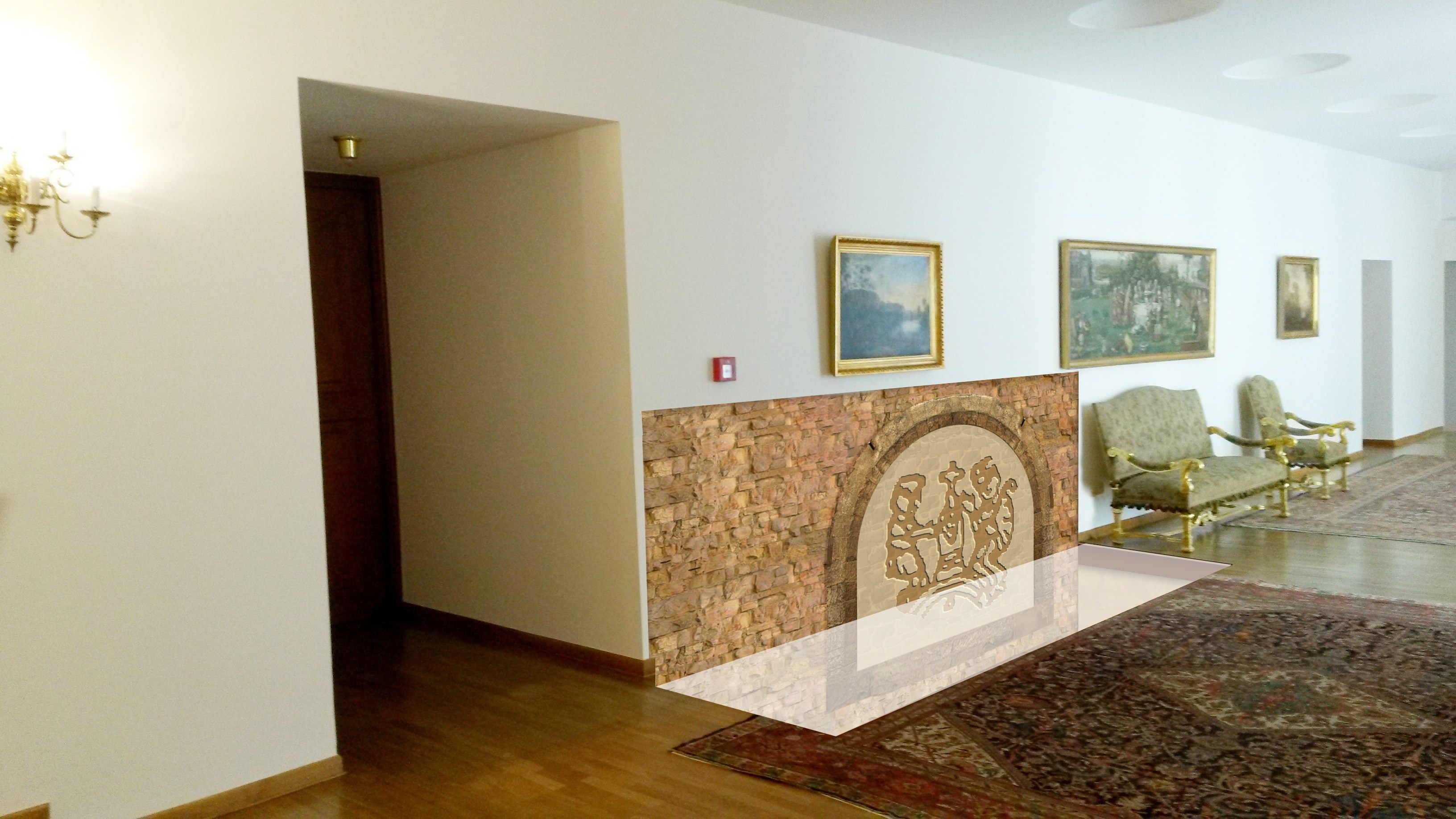 Předpokládané umístění reliéfu na stěně stávající chodby 2. patra středního palácového křídla. Výškové umístění je odvozeno z výšky reliéfu na Juditině věži. Navrhl J. Cinert, vypracoval M. Klimeš. Relief_na_Bile_vezi-umisteni