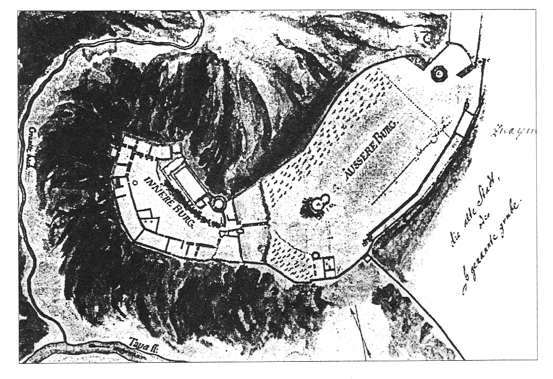 Znojemský hrad a předhradí na plánech vojenského topografa před barokní přestavbou z let 1710-1720 (H. Lorenz 1990-92). Převzato z Konečný L. J. - Románská rotunda ve Znojmě (2005). Znojmo_pdorys