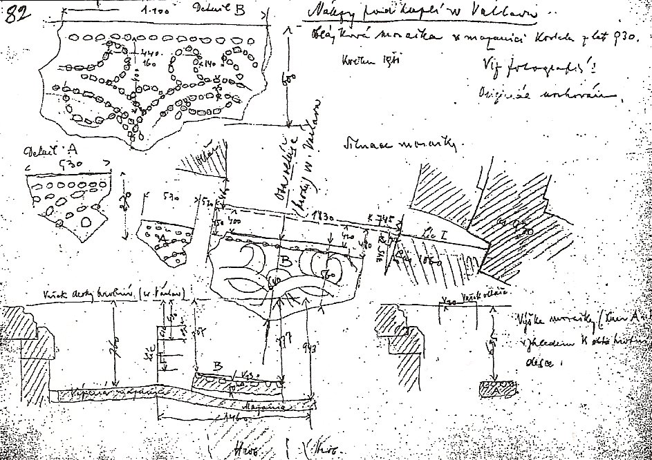 Měřená skica K. Hilberta z roku 1911. Převzato z Castrum Pragense 3 (2000). Vlevo dole je zachycen průběh maltových podlah nad hrobem K1. 4_14