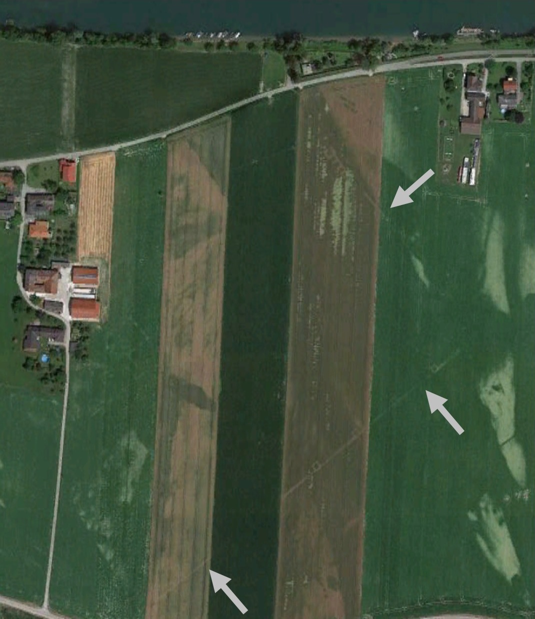 Letecký snímek polí východně od obce Albing. Šipkami je označen průběh hradeb s obrysy věží římského tábora. S použitím Google Earth vytvořil J. Cinert. Albing