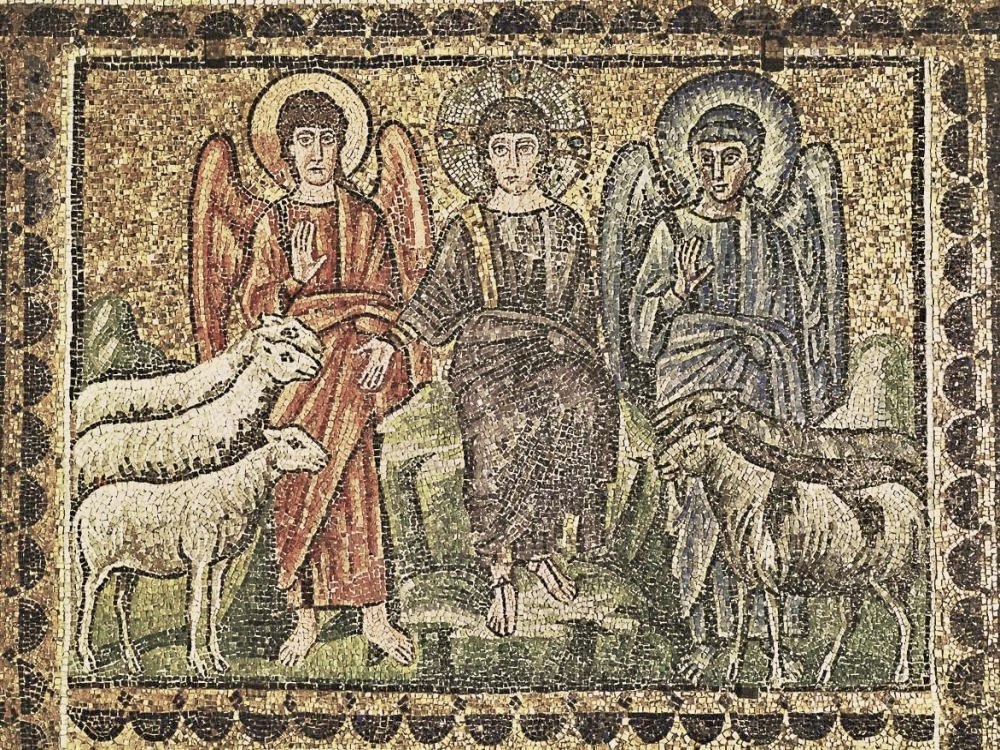 Uprostřed Ježíš, vlevo Světlo a vpravo Stín jako andělé. Mozaika v bazilice Sant Apollinare Nuovo v Raveně, kolem r. 550. Převzato z blog-camminarenellastoria.wordpress.com. Blizenci_Andele_Raven