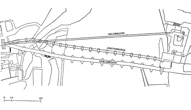 Příklad naivního umístění dřevěného mostu (Holzbrücke) přes Vltavu. Všechny mosty jsou ve výkresu nasměrovány do gotické brány vzniklé až v 2. polovině 15. století. Vyobrazení vytvořené podle Píša 1960 převzato z ff.ujep.cz/~velimskyt/cz. Dev.m.Velmsk