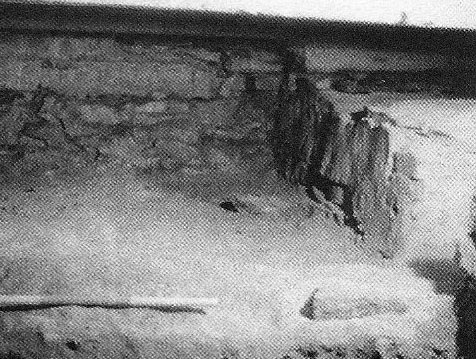 Na výřezu z fotografie převzaté z Castrum Pragense 3 (2000) je ukončení jizvy v omítce na vnitřním líci vnitřního prstence, které určuje polohu hrany kamenné podlahy apsidy. Pohled od severu. Jizva_v_om._vez