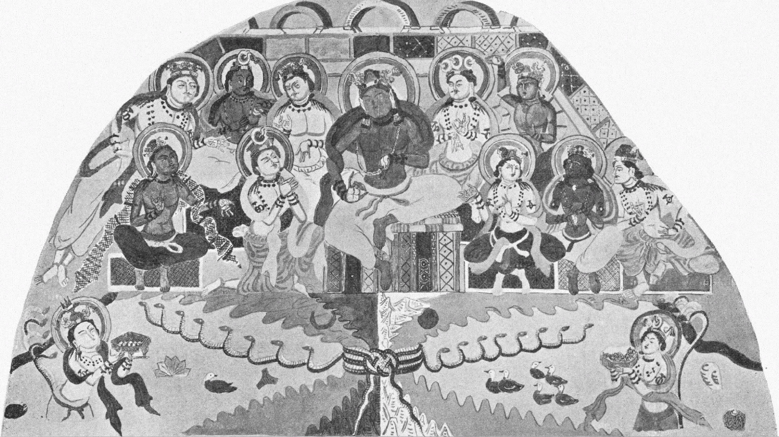 Takzvaná Palácová scéna v lunetě jeskyně Hippokampenhöhle buddhistického kláštera v Kyzylu (6.-7. století n. l.). Originál dnes uložen v Dahlem Museums v Berlíně. Vyobrazení převzato z A. Grünwedel: Altbuddhistische Kultstätten in Chinesisch Turkistan (1912). Kyzyl_Palacova_scena