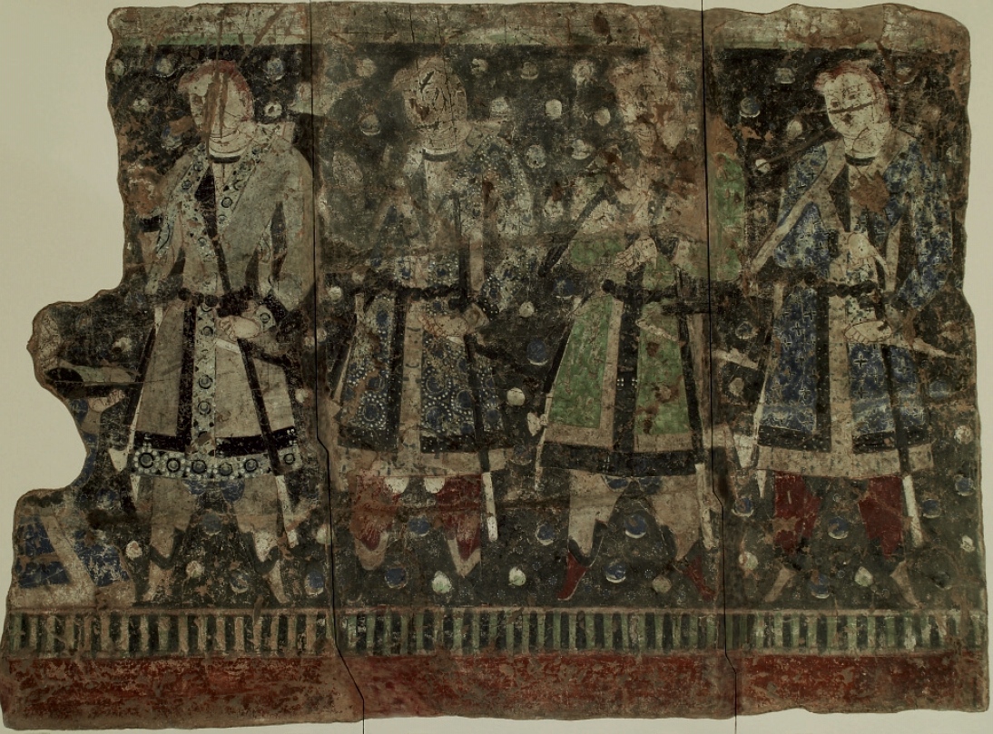 Nástěná malba z jeskyně Schwertträgerhöhle budhistického skalního kláštera v Kyzylu, tzv. tocharští princové, (6.-7. století n. l.). Originál uložen v Dahlem Museums v Berlíně. Vyobrazení převzato z https://www.hornemann-institut.de/german/epubl_poster21.php Kyzyl_Toharsti_princove
