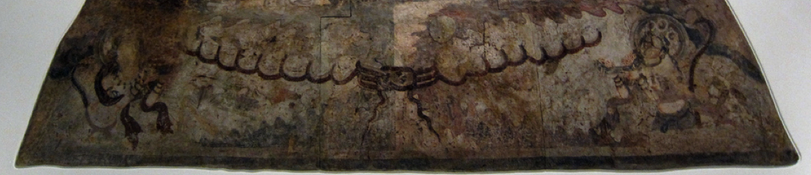 Současný stav fresky v berlínském Dahlem Museums. Výřez převzat z nabídky na http://www.flickr.com. V Novolunní zátoce je břeh zaplaven světle modrým skočným přílivem, v úplňkové zátoce je stejné místo podáno jako zabahněné, neboť za úplňku jsou přílivy nízké. Kyzyl_zlivy_barevne
