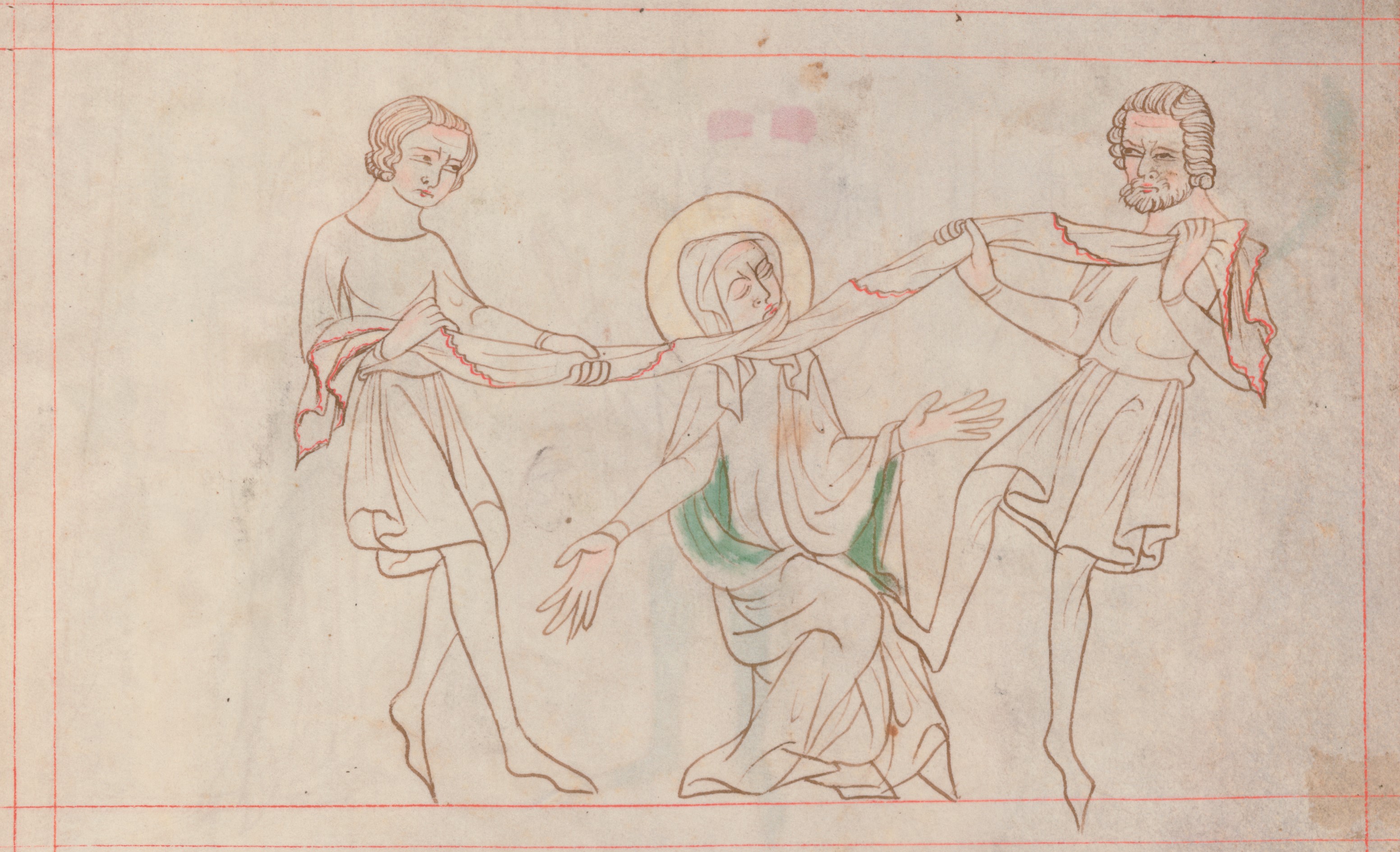 Uškrcení kněžny Ludmily závojem blíženci Komonem vlevo a Tunou vpravo. Velislavova bible, kolem roku 1340. Převzato z upoutávky na výstavu Kniha a závoj (https://twitter.com/orstnk/status/1379425686536945669?lang=eu). Ludmila_Velislavova_bible