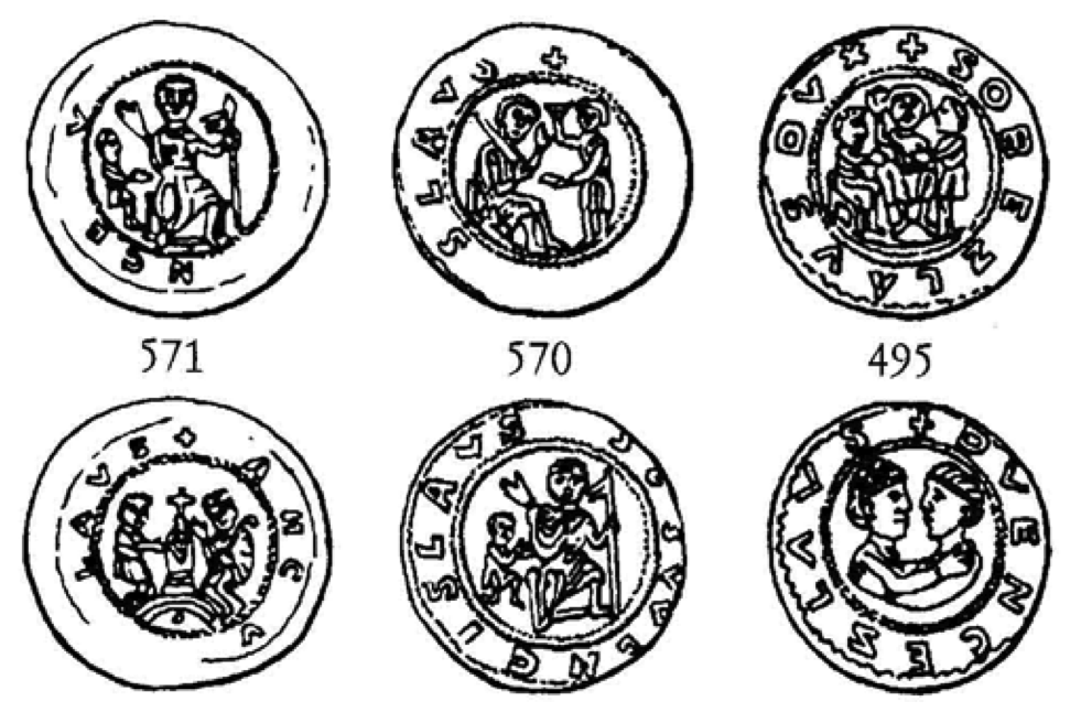Perokresby denárů Soběslava I. typu Cach 571, 570 a 495. Vyobrazení převzato z Polanský 2009. Mince_Sobeslav_I._porovnani