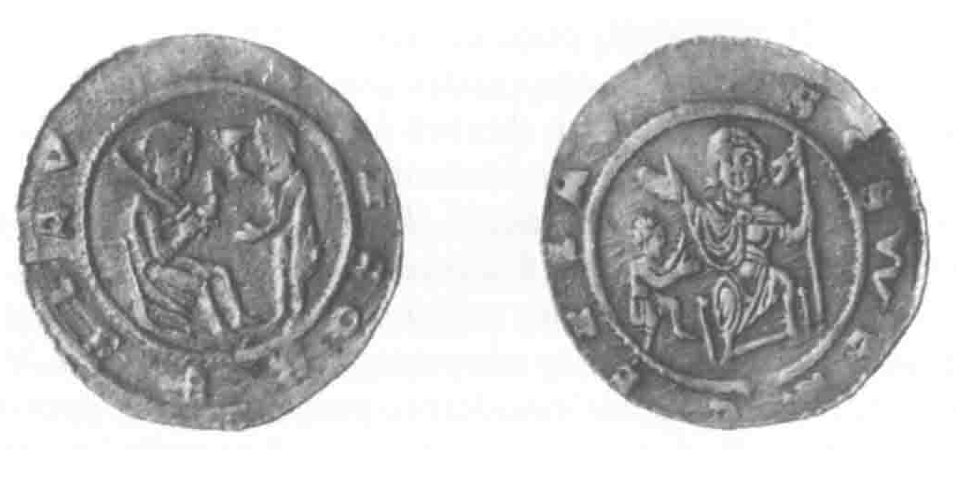 Líc a rub stříbrného denáru Soběslava I., typ Cach 570, uložený v Národním muzeu. Na rozdíl od kamenného reliéfu jsou na mincích insignie dobře zachovány. Vlevo je Soběslav I. v roli číšníka před trůnícím Lotharem III., vpravo nejspíše klečící Soběslav I. před trůnícím sv. Václavem v knížecím plášti a s knížecím praporcem. Vyobrazení převzato z Polanský 2009. Mince_Sobeslav_I.b