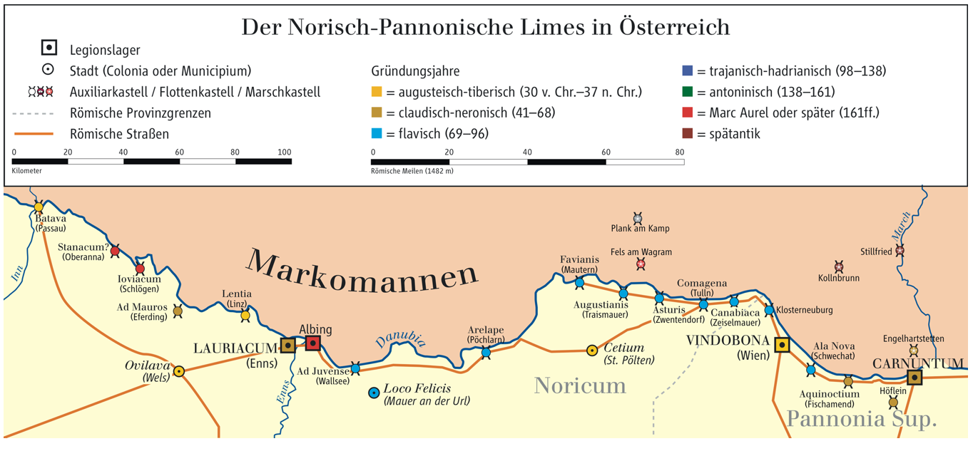 Římská hranice na středním Dunaji (oblast bývalého keltského Norica). Zhuštění římských táborů se samostatnou silnicí mezi Favianem a Carnuntem kopíruje nejohroženější úsek hranice s možnými přechody Dunaje. Tak jako zde byl tok snadno překonatelný útočícími Markomany, rovněž byl tento úsek nejvhodnější k samostatným přechodům Dagobertových vojsk. Převzato z Wikipedia Commons, autor Ziegelbrenner. Picture_3