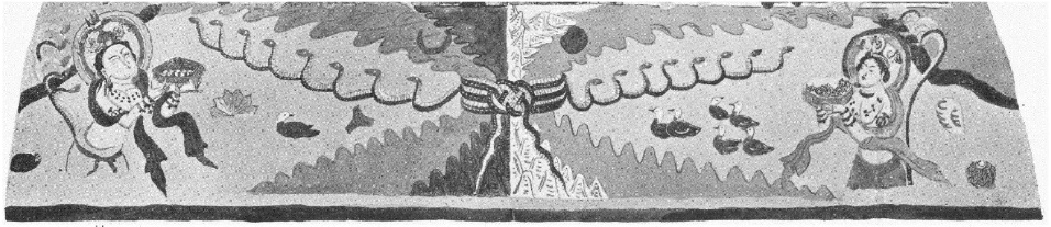 Spodní část výmalby lunety jeskyně Hippokampenhöhle (jeskyně č. 118) budhistického skalního kláštera v Kyzylu (Kizil), 6.-7. století n. l. Vyobrazení převzato z A. Grünwedel: Altbuddhistische Kultstätten in Chinesisch-Turkistan (1912). Uprostřed vidíme Osu, znázorňující místo východu Slunce za rovnodenností. Vlevo je srpkem označena mořská zátoka s vlnovkami přílivů a odlivů náležející letní polovině roku a zároveň Novolunní dívce, která se z vody vynořuje. Vpravo je totéž náležející zimní polovině roku, tedy Úplňkové dívce. V obou zátokách je osm hadů, ale Novolunní dívka má za zády dalších pět, což je dohromady 13 novoluní v solárním roce, Úplňková dívka jen čtyři, což je dohromady 12 úplňků v solárním roce. I ostatní prvky plovoucí na hladině mají nějaký svůj význam, ale odolávají jistému objasnění. Qyzyl_novolun._plnk