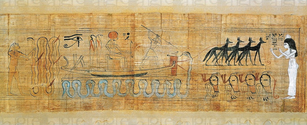 Výřez ze staroegyptského tzv. Herubenova papyru z období Nové říše 20. dynastie (1188-1076 př. n. l.). Vyobrazení převzato z nabídky na http://www.agefotostock.com. Re_Sutech_barka_papyrus