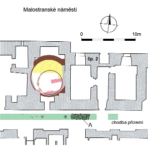 Archeologické nálezy v čp. 2/III na Malé Straně. Hnědě dochované zdivo rotundy sv. Václava postavené okolo roku 1100, uprostřed kruh z 10. století vyložený kameny lícovanými do vnitřku kruhu, A - vozovka z 9. století vyložená oblázky, následně překrytá širší dřevěnou vozovkou z přelomu 9. a 10. století. Převzato z Čiháková - Havrda 2008, zaměření a zobrazení M. Müller, digitalizace M. Ďurica. Rotunda_sv._Vclava
