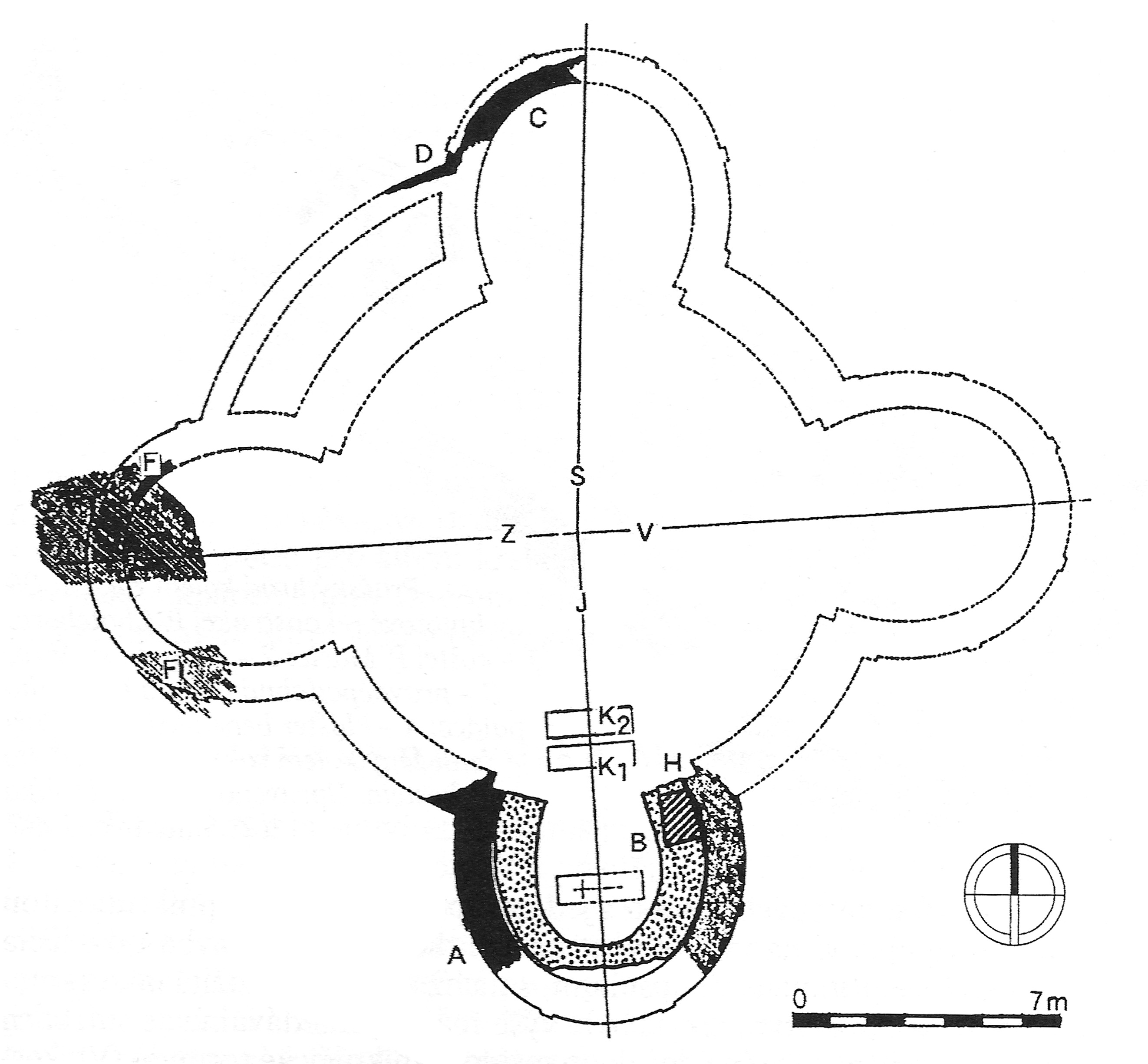Rekonstrukce půdorysu rotundy podle K. Hilberta. Upravil Z. Smetánka - J. Frolík (1997) a Z. Měřínský (2006). Rotunda_sv._Vita_Hilbert