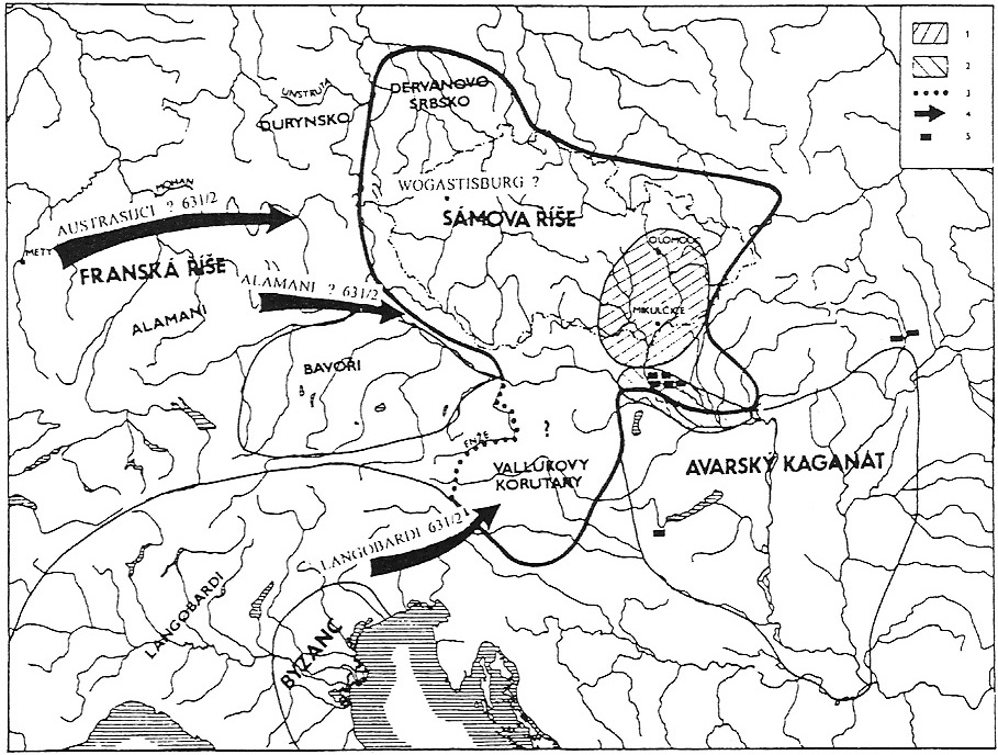 Pravděpodobný rozsah Samova kmenového svazu podle M. Lutovského - N. Profantové (1995). 1 - centrum Sámovy říše, 2 - kontaktová zóna na severozápadním okraji kaganátu, kde patrně vzniklo protiavarské povstání, 3 - bajuwarsko-avarská hranice doložená písemnými prameny, 4 - předpokládané směry útoku Dagoberta proti Sámovi (631/632), 5 - birituální nekropole. Smova_e