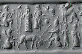 Otisk starosyrské válečkové pečeti (kolem 1820–1730 př. n. l.), vyobrazení převzato z http://www.metmuseum.org. Starosyrska_obet_byka