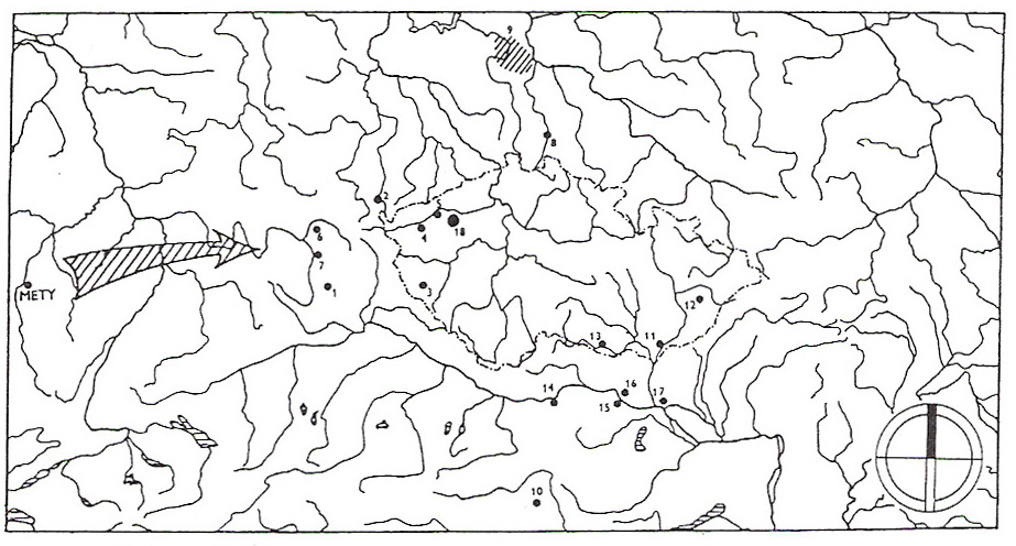 Vybrané lokality ztotožňované s Wogastisburgem (šipkou naznačen předpokládaný směr Dagobertova tažení z Met). 1 - Reicheneck u Hersbrucku, 2 - Voigtsburg, 3 - Domažlice / Tuhošť, 4 - Loket, 5 - Úhošť u Kadaně, 6 - Staffelberg u Staffelsteinu, 7 - Burg u Forchheimu, 8 - Wossburg, 9 - kontaktní zóna nejstarších slovanských hradišť na území Dervanových Srbů, 10 - Voitsberg, 11 - Mikulčice, 12 - Hostýn, 13 - Znojmo, 14 - Melk, 15 - Wien, 16 - Bisamberg, 17 - Bratislava, 18 - Rubín u Podbořan (Dolánky). Podle M. Lutovského - N. Profantové (1995) doplnil Z. Měřínský (2002). Pozn. J. C.: Údaje v bodu 9 byly již vyvráceny - změna datování. Wogast