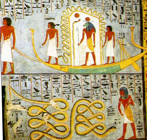 Sluneční bárka z hrobky Ramesse I. (1292-1290 př. n. l.). Vyobrazení převzato z http://jfbradu.free.fr. apophis