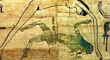 Papyrus z Tamenillu, okolo roku 1000 př. n. l. Výřez zachycuje zimní polovinu roku po podzimní rovnodennosti, takže zde není Šov ani přinášený sluneční Re. Výška postavení Měsíce za novoluní a Slunce se v této době shodně snižuje a stejně se k sobě přibližují na obrázku Nut a Geb. Gebovo otcovství je zde vyjádřeno jednoznačně. Převzato z http://theunboundedspirit.com/. nut-and-geb