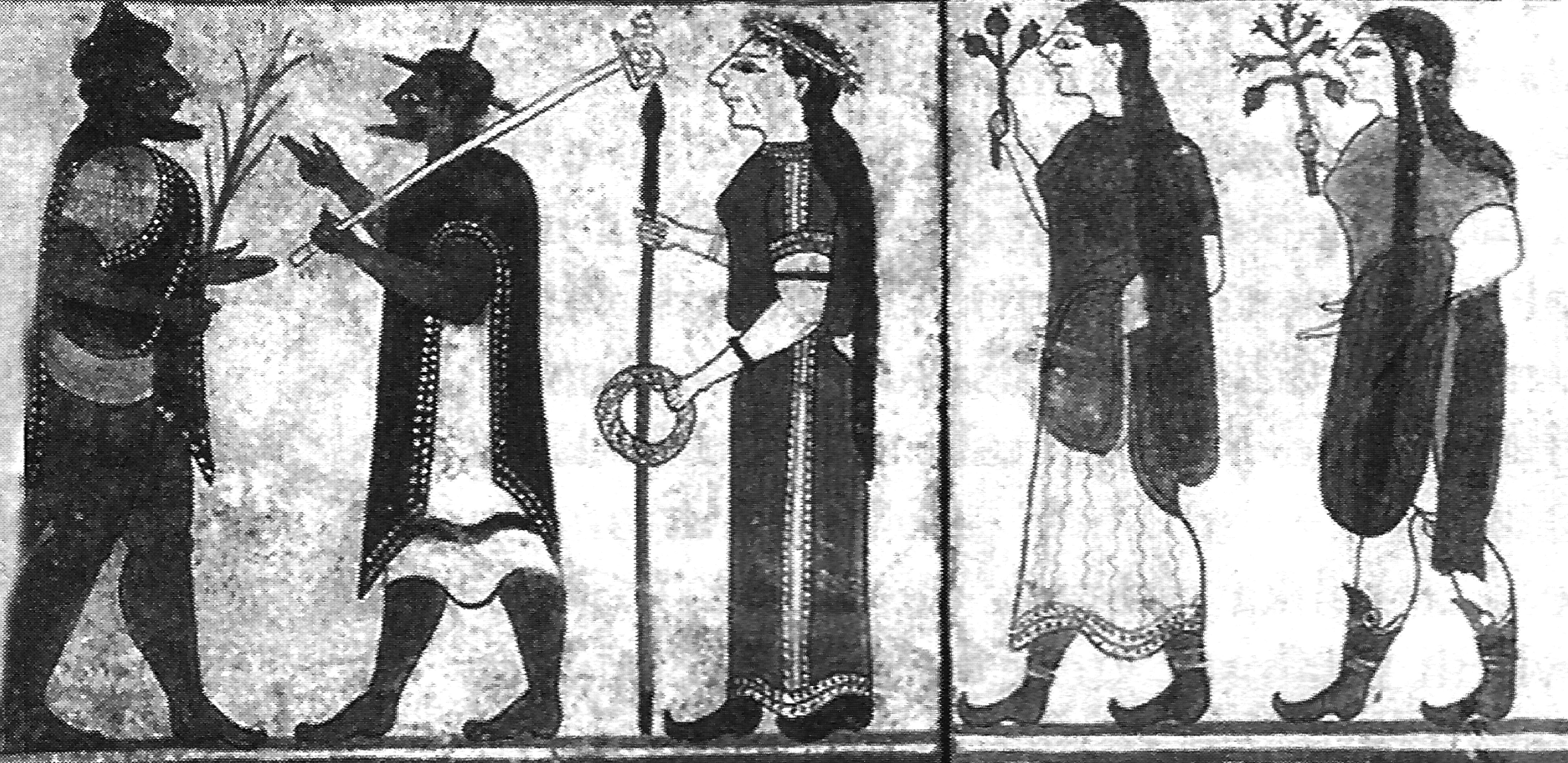 Etruské terakotové destičky v nekropoli Banditaccia, Cerveteri, asi 560-550 př. n. l. Vyobrazení převzato z L. Bonfanteo - J. Swaddling: Etruské mýty (2007). Zleva Paris, Hermés, Héra, Athéna a Afrodita. Paridův soud vytvořený tři sta let po Homérovi nemá žádné jablko a zcela jasně zobrazuje bohyni Matku se dvěma dcerama, paris