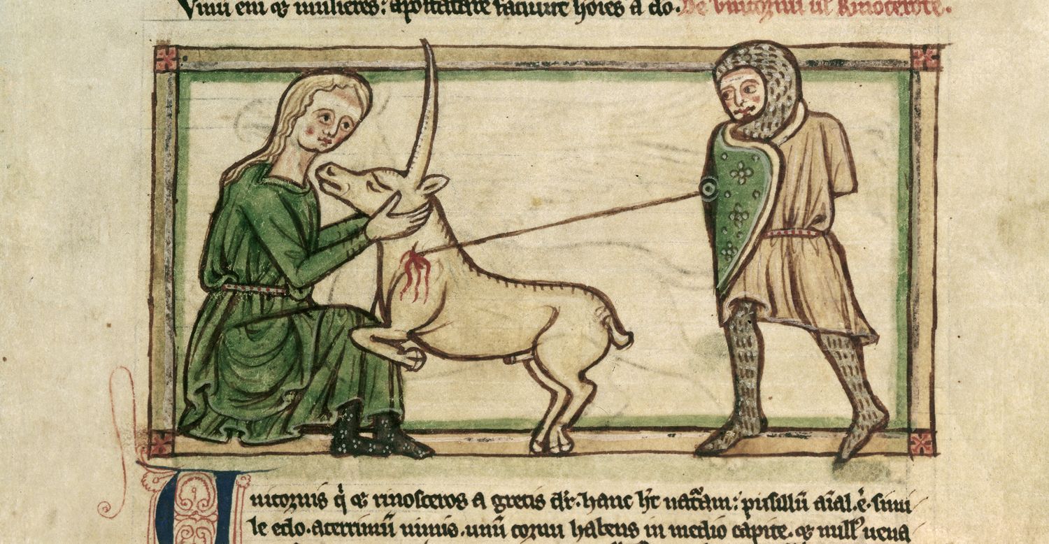 Zabití jednorožce ve středověkém bestiáři. Vyobrazení převzato z http://www.medievalists.net. Autor tohoto obrázku, na rozdíl od jiných podobných, měl ještě nějaké povědomí o bezrukosti heroje, ale už si netroufal novolunní Dívku zobrazit nahou. Heroj za podzimní rovnodennosti přichází správně z pravé strany. unicorn